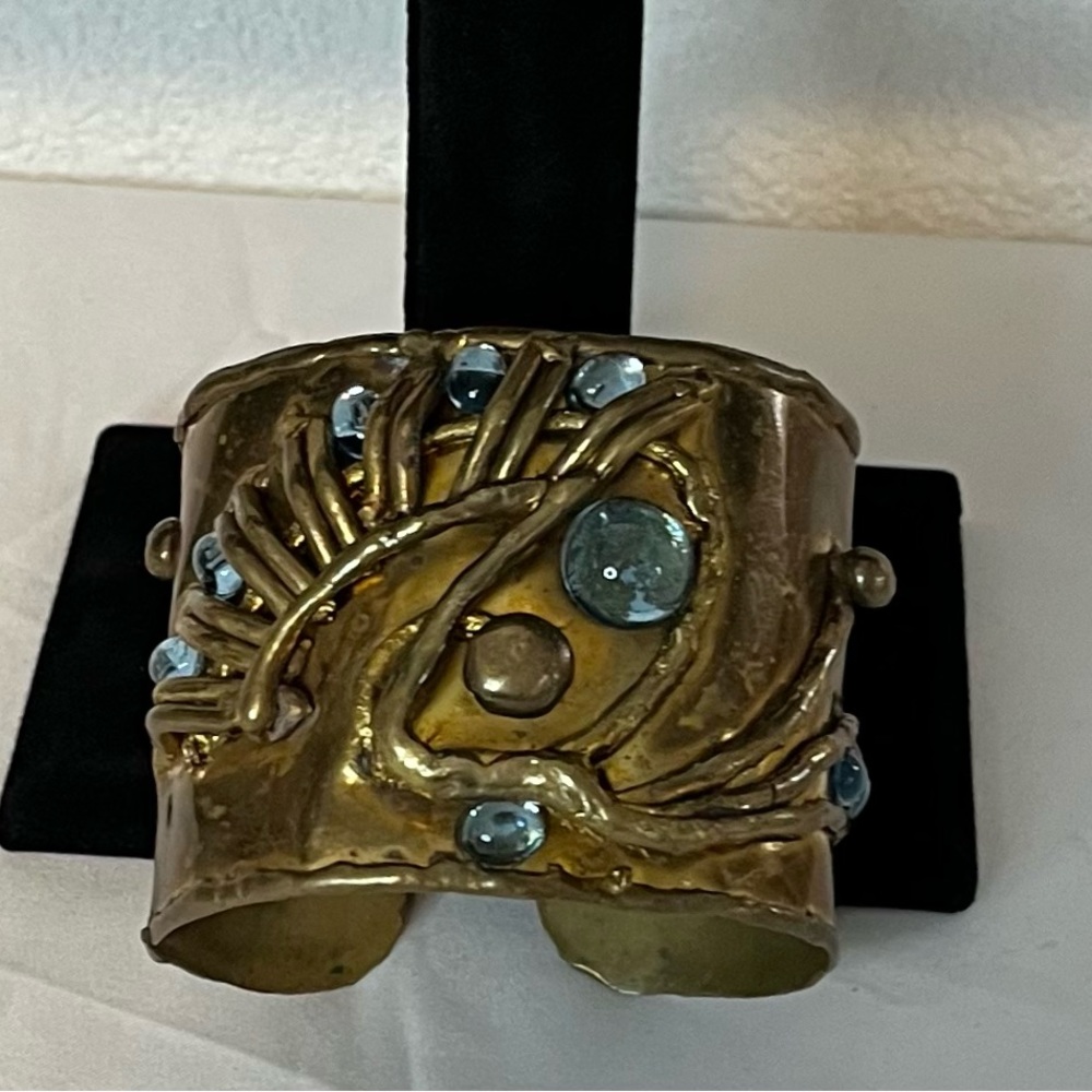 Vintage Made in India Brass Cuff Bracelet W/Faux Blue Gems